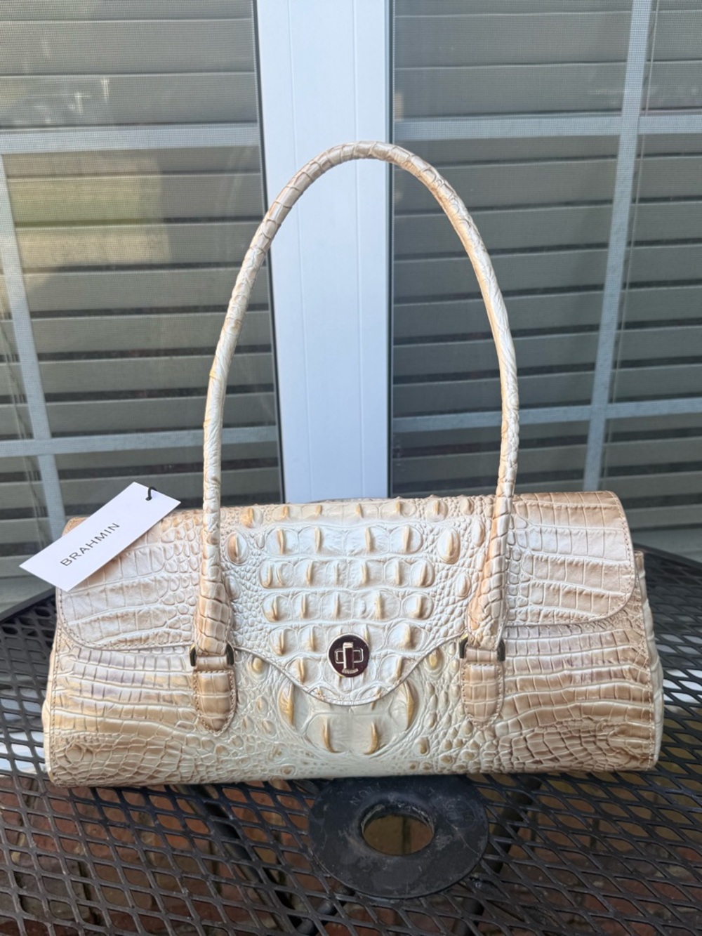 Brahmin Cream Croc-Embossed Shoulder Bag with Gold Tone Hardware